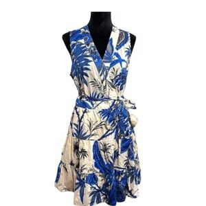 Banana Republic Vibrant Blue and White Floral Tiered Wrap Dress with tie closure